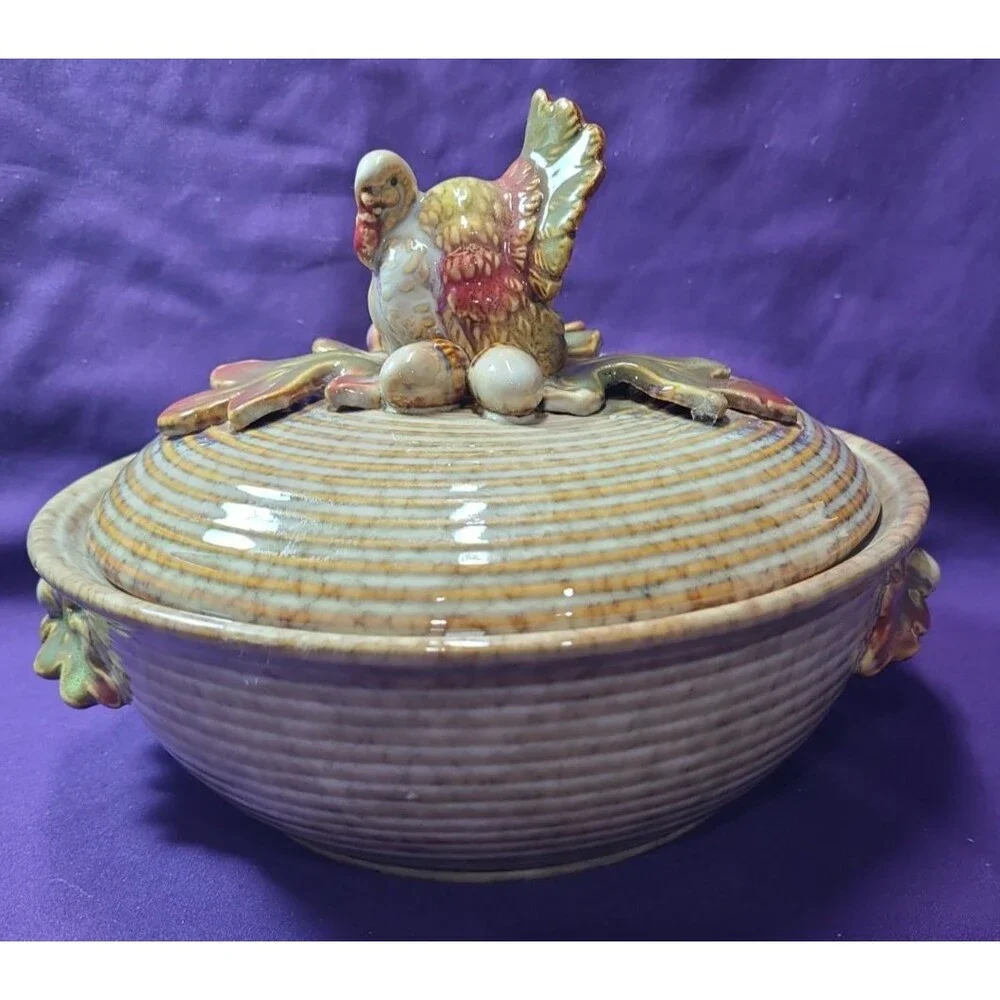 Ceramic Lidded Casserole Dish With Turkey On Lid And Leaf Handles